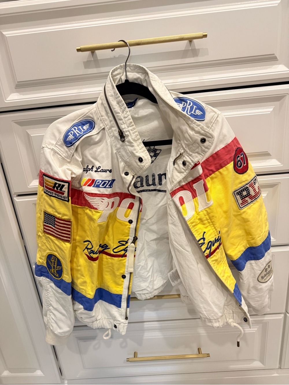 Ralph Lauren Racing Bomber Jacket in White, Yellow, Red, Blue